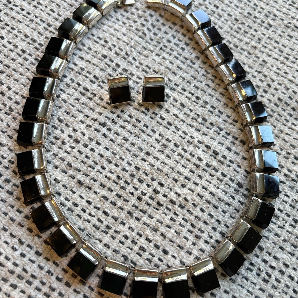 Vintage Taxco sterling silver and onyx necklace/earring set